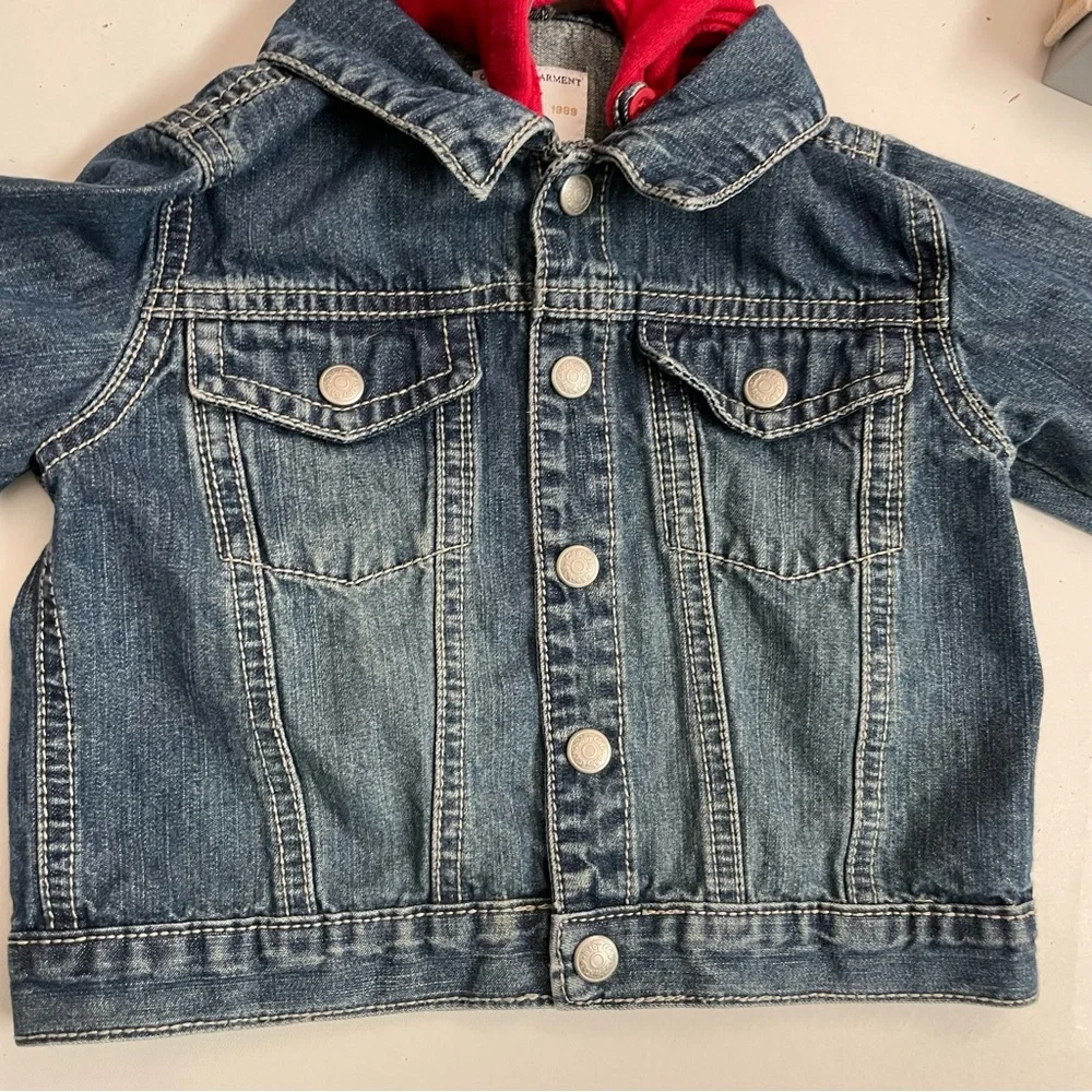 Gap Baby Jacket Denim Embroidered Handsome Devil Removable Hood Pockets Blue Red